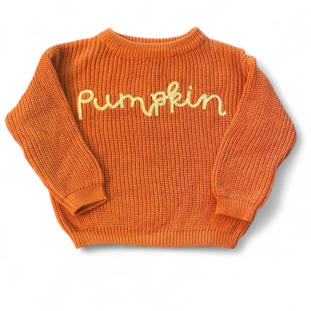 Orange Knit Sweater with 'Pumpkin' Embroidery